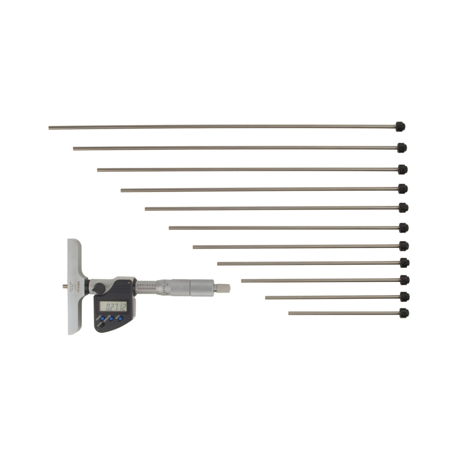 Mitutoyo 329-351-30 Digimatic Digital Interchangeable Rod Depth Micrometer, Range 0-12" / 0-300mm Resolution 0.00005" / 0.001mm Base 4 x 0.63" with SPC Data Output