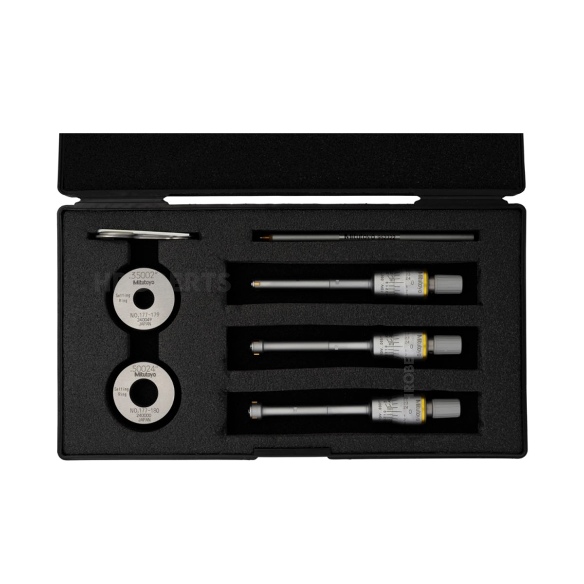 Mitutoyo 368-916 Holtest Bore Micrometer Set, 3-Point Contact, Range 0.275-0.5", Graduation 0.0001", Supplied with Setting Rings