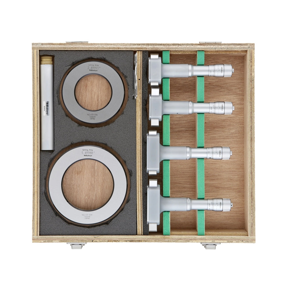 Mitutoyo 368-997 Holtest Bore Micrometer Set, 3-Point Contact, Range 2-4", Graduation 0.0002", Supplied with Setting Rings