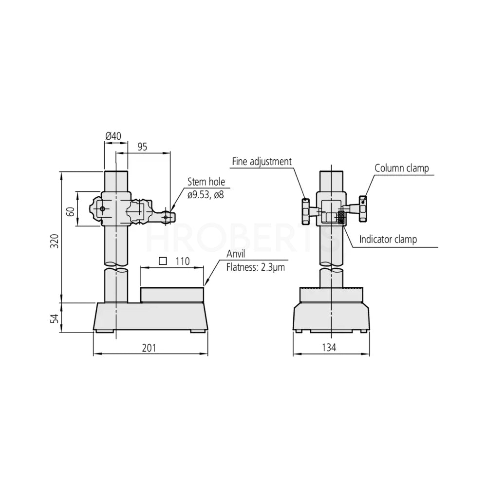Mitutoyo 215-405-10 Comparator Stand, Column Travel 0-235mm, 110x110mm, Square Anvil