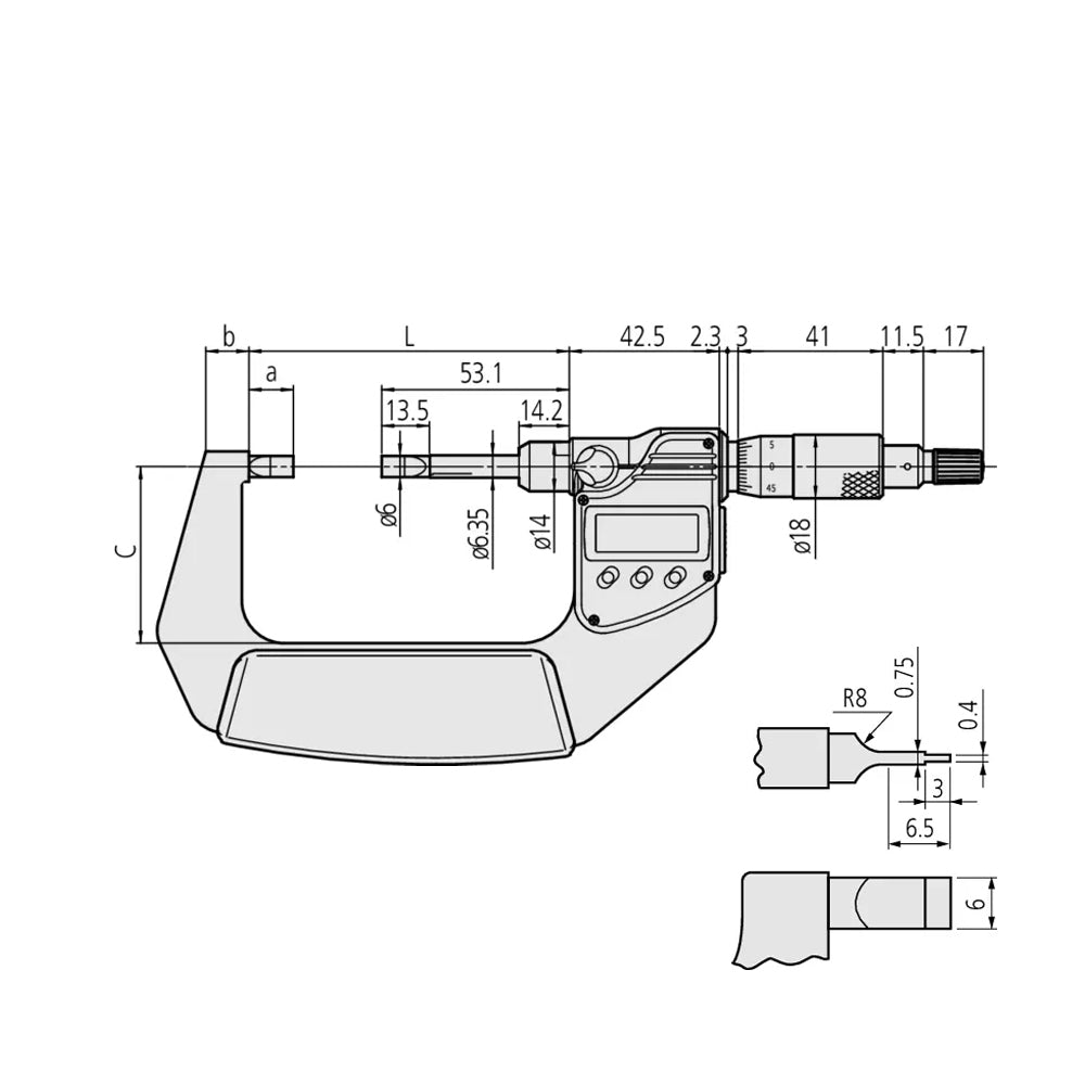 Mitutoyo 422-360-30 Digimatic Digital Blade Micrometer, Range 0-1" / 0 - 25.4mm, Resolution 0.00005" / 0.001mm with SPC Data Output, Non-Rotating Spindle