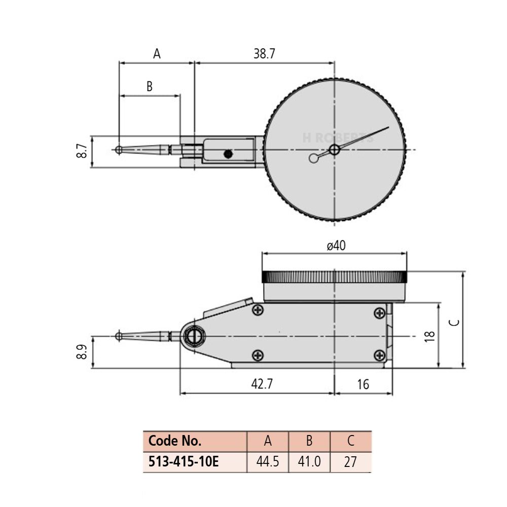Mitutoyo 513-415-10E Lever Dial Indicator Horizontal Type, Graduation 0.01mm, Range 1mm, Scale 0-50-0, Stylus Length 41mm, Bezel Diameter 40mm