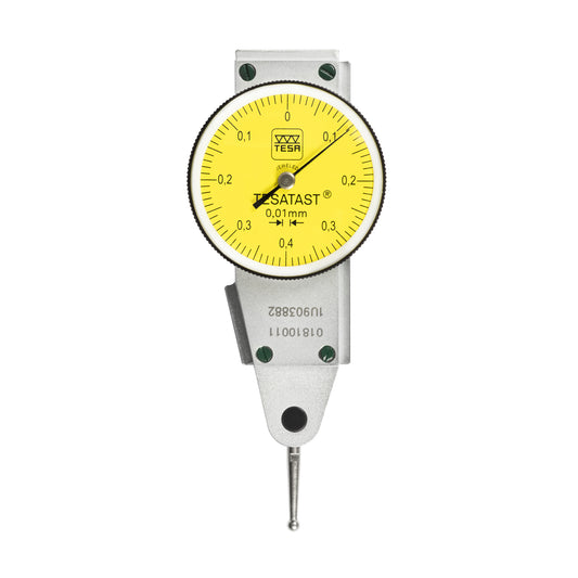 Tesa 01810012 Tesatast Lever Dial Indicator Parallel Type, Graduation 0.02mm, Range 2mm, Scale 0-1.0-0, Stylus Length 36.53mm, Bezel Diameter 38mm