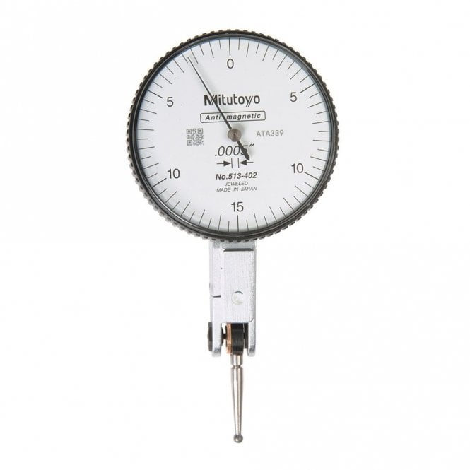 Mitutoyo 513-402T Lever Dial Indicator Horizontal Type, Graduation 0.0005", Range 0.03", Scale 0-15-0, Stylus Length 16.4mm, Bezel Diameter 40mm