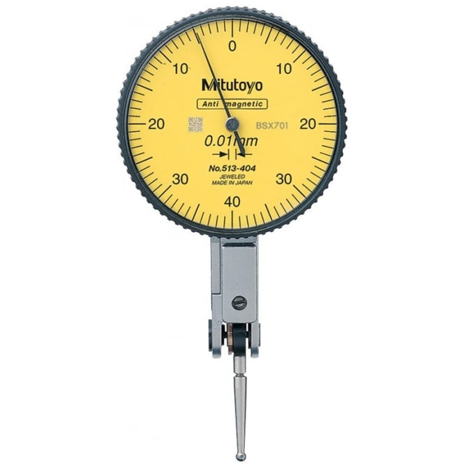 Mitutoyo 513-404T Lever Dial Indicator Horizontal Type, Graduation 0.01mm, Range 0.8mm, Scale 0-40-0, Stylus Length 17.4mm, Bezel Diameter 40mm