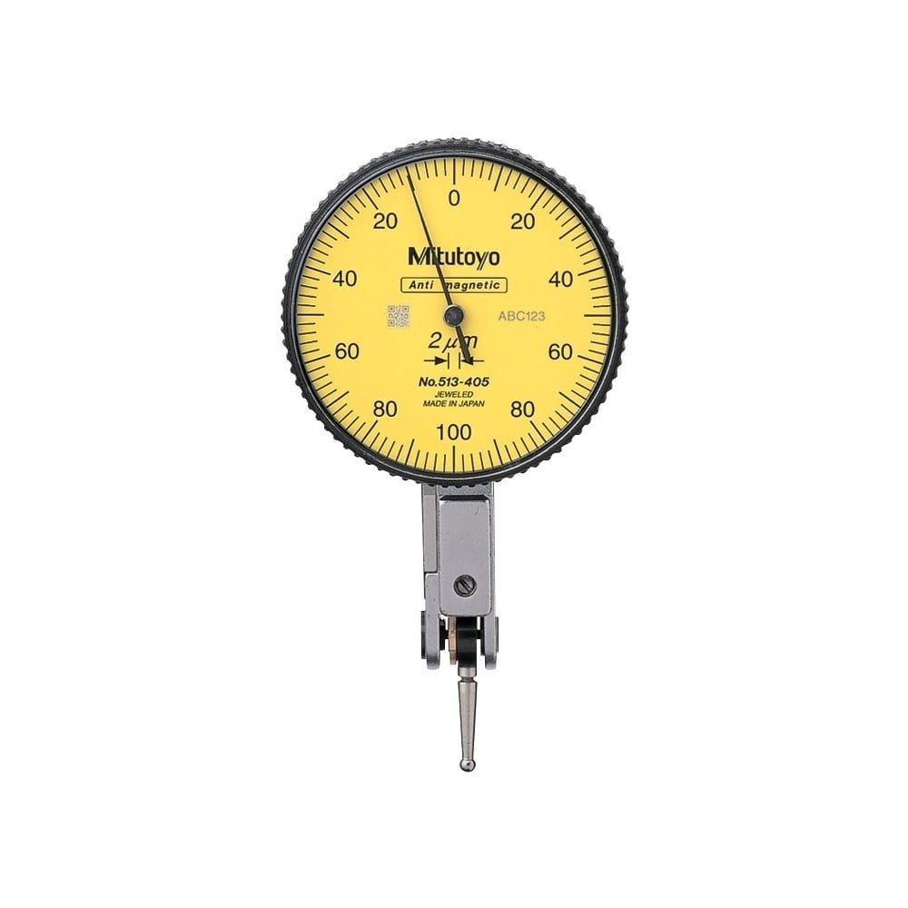 Mitutoyo 513-405T Lever Dial Indicator Horizontal Type, Graduation 0.002mm, Range 0.2mm, Scale 0-100-0, Stylus Length 15.2mm, Bezel Diameter 40mm