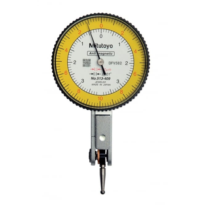 Mitutoyo 513-409T Lever Dial Indicator Horizontal Type, Graduation 0.002mm / 0.0001", Range 0.2mm / 0.0075", Scale 0-10-0 / 0-3.8-0, Stylus Length 15.2mm, Bezel Diameter 40mm