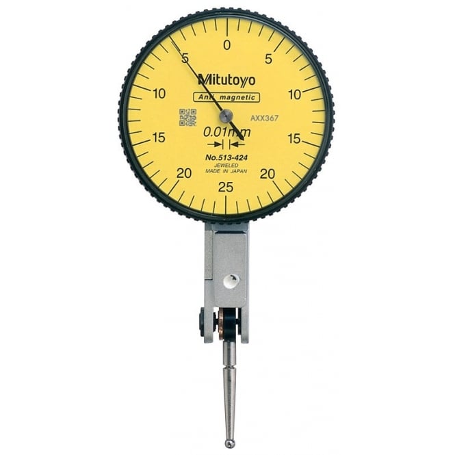 Mitutoyo 513-424T Lever Dial Indicator Horizontal Type, Graduation 0.01mm, Range 0.5mm, Scale 0-25-0, Stylus Length 18.7mm, Bezel Diameter 40mm