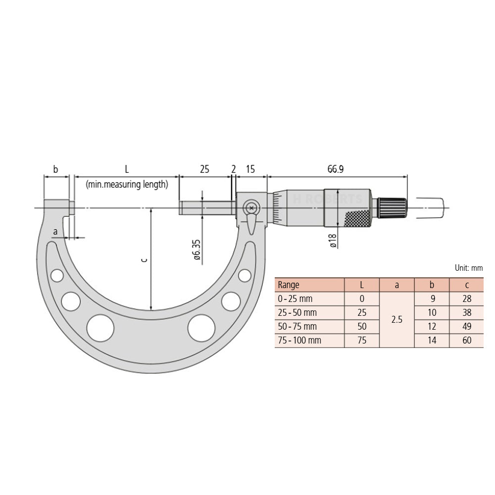 Mitutoyo 103-138 Micrometer, Range 25-50mm, Graduation 0.01mm
