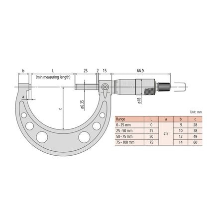 Mitutoyo 103-138 Micrometer, Range 25-50mm, Graduation 0.01mm