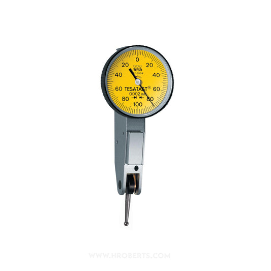 Tesa 01810009 Tesatast Lever Dial Indicator Horizontal Type, Graduation 0.002mm, Range 0.2mm, Scale 0-100-0, Stylus Length 12.53mm, Bezel Diameter 28mm
