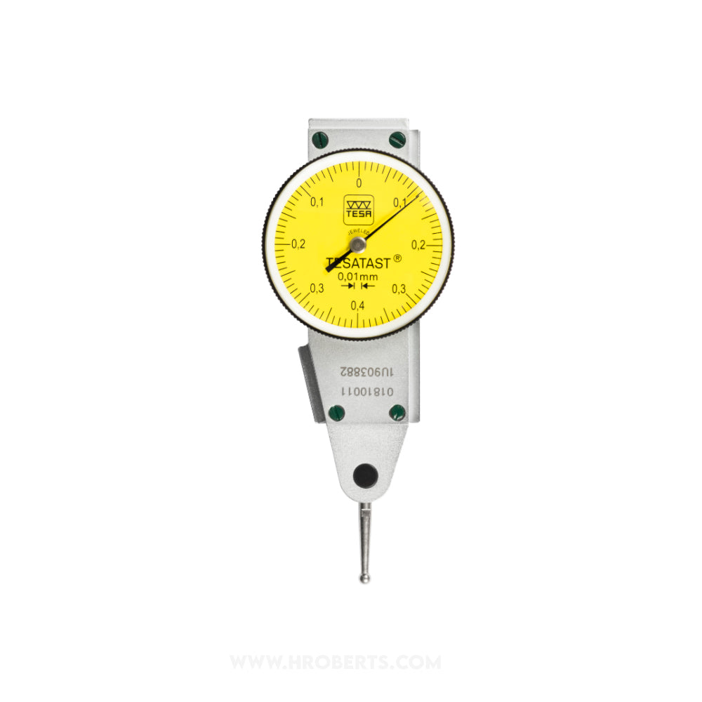 Tesa 01810011 Tesatast Lever Dial Indicator Parallel Type, Graduation 0.01mm, Range 0.8mm, Scale 0-0.4-0, Stylus Length 12.53mm, Bezel Diameter 28mm