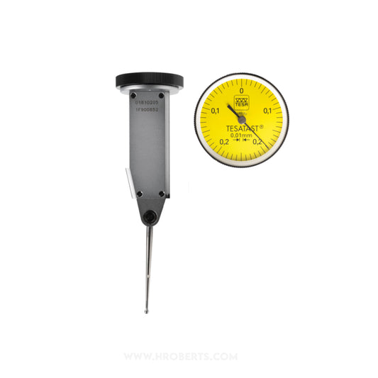 Tesa 01810205 Tesatast Lever Dial Indicator Vertical Type, Graduation 0.01mm, Range 0.5mm, Scale 0-0.25-0, Stylus Length 36.53mm, Bezel Diameter 28mm