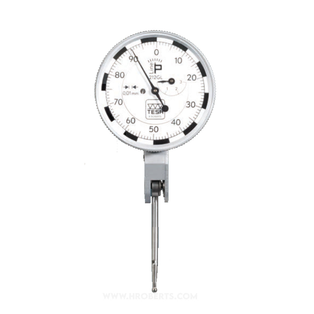 Tesa P-Line 01810403 Lever Dial Indicator Horizontal Type 212GL, Graduation 0.01mm, Range 3mm, Scale 0-50-100, Stylus Length 36mm, Bezel Diameter 40mm