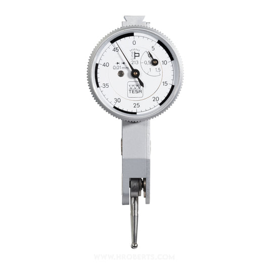 Tesa P-Line 01810400 Lever Dial Indicator Horizontal Type 213, Graduation 0.01mm, Range 1.5mm, Scale 0-25-50, Stylus Length 18mm, Bezel Diameter 27mm