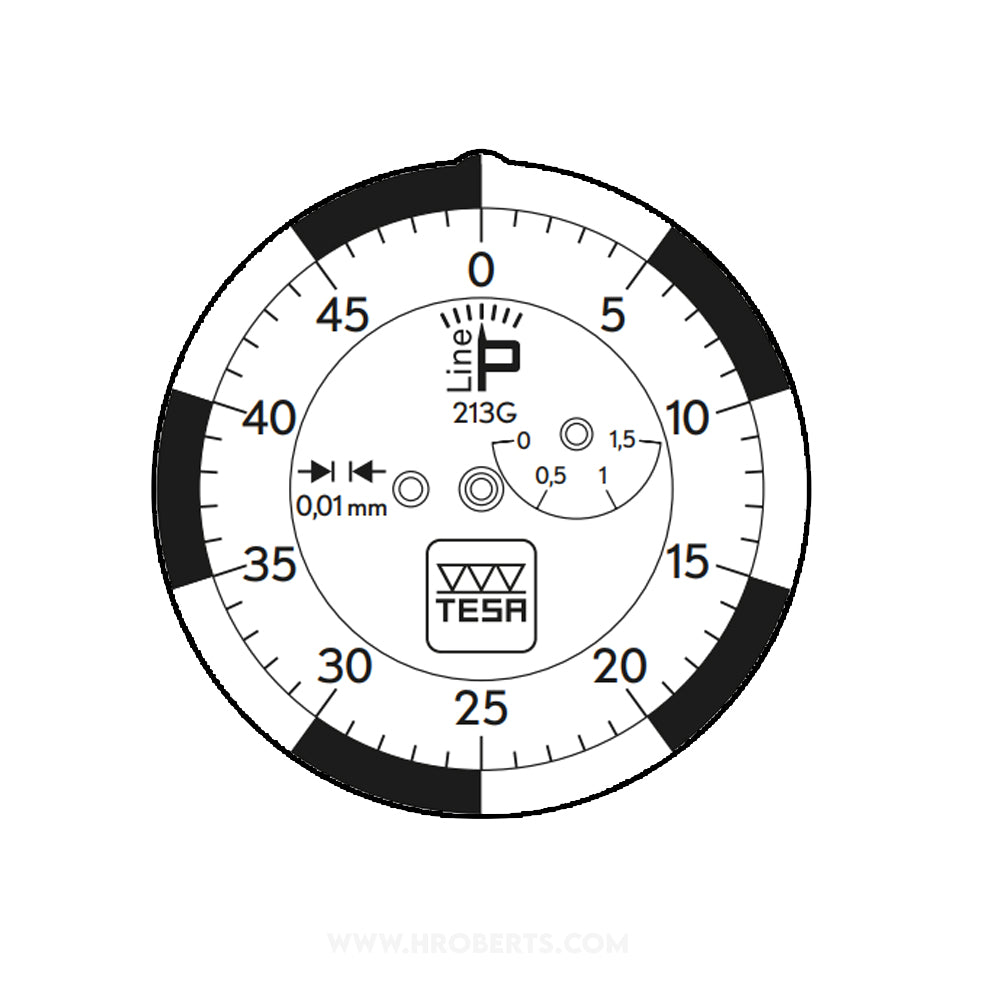 Tesa P-Line 01810401 Lever Dial Indicator Horizontal Type 213G, Graduation 0.01mm, Range 1.5mm, Scale 0-25-50, Stylus Length 18mm, Bezel Diameter 40mm