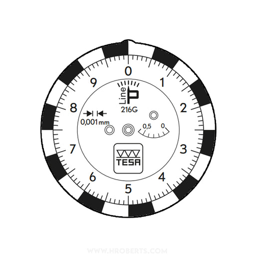 Tesa P-Line 01810407 Lever Dial Indicator Horizontal Type 216G, Graduation 0.001mm, Range 0.6mm, Scale 0-5-10, Stylus Length 18mm, Bezel Diameter 40mm