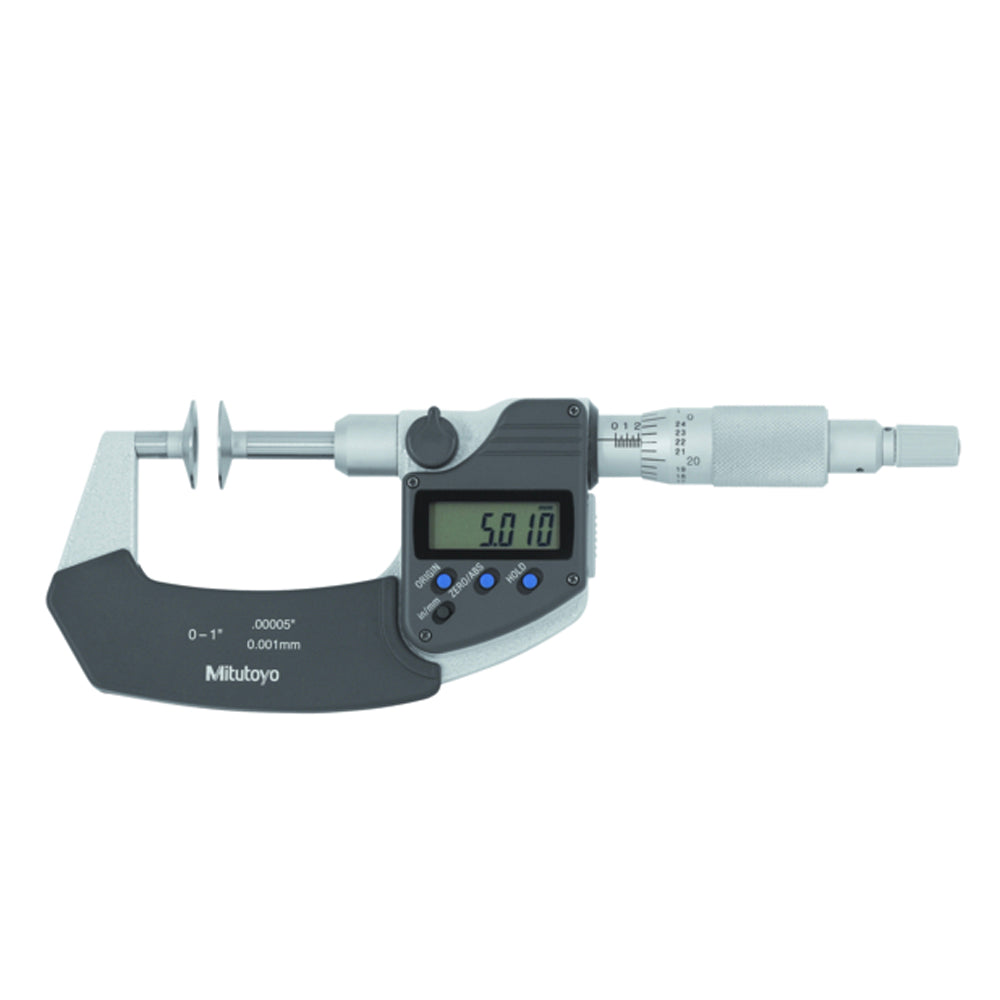 Mitutoyo 369-350-30 Digimatic Digital Non-Rotating Spindle Disc Micrometer, Range 0-1" /  0-25.4mm, Resolution 0.00005" / 0.001mm with SPC Data Output, Disc Dia 20mm