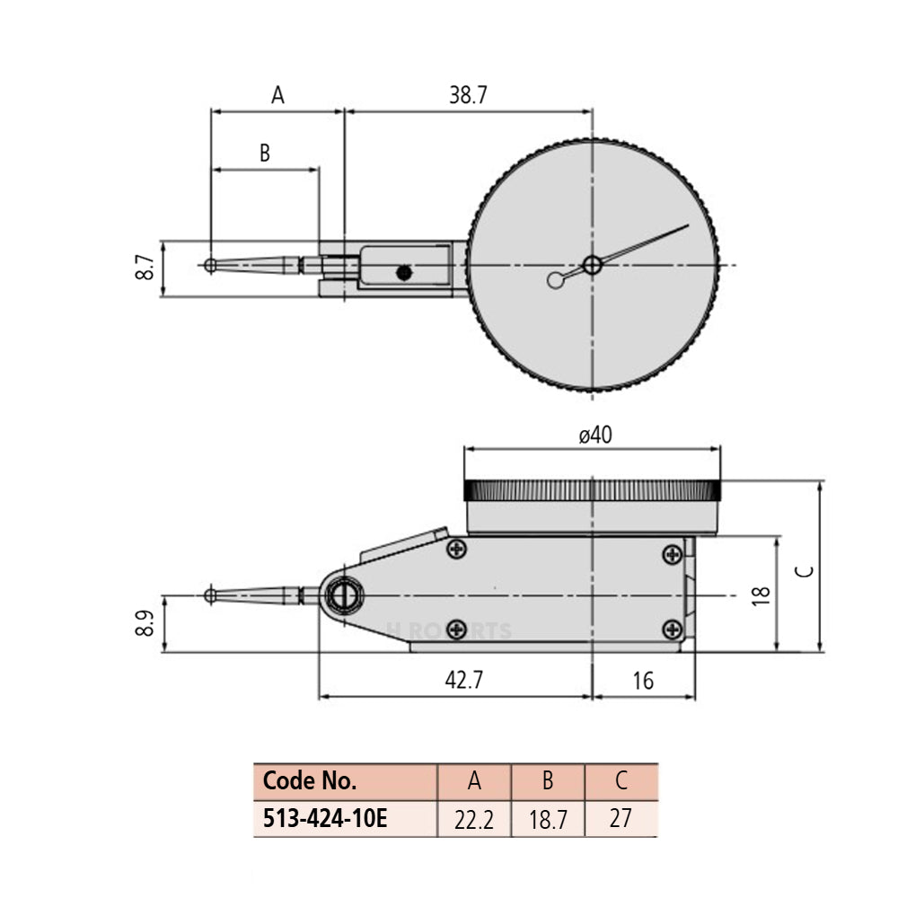 Mitutoyo 513-424-10E Lever Dial Indicator Horizontal Type, Graduation 0.01mm, Range 0.5mm, Scale 0-25-0, Stylus Length 18.7mm, Bezel Diameter 40mm