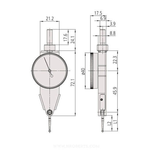 Mitutoyo 513-482-10T Lever Dial Indicator Parallel Type, Graduation 0.0005", Range 0.03", Scale 0-15-0, Stylus Length 16.4mm, Bezel Diameter 40mm