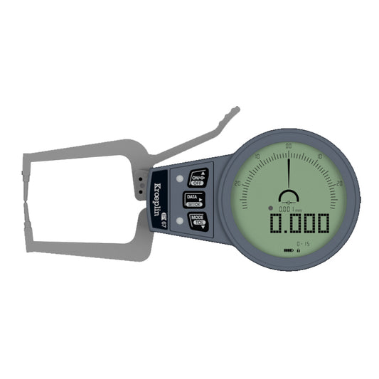 Kroeplin C015 Digital External Caliper Gauge, Range 0-15mm, Resolution 0.001, 0.002, 0.005, 0.01mm, Measuring Depth 45mm, Measuring Contact Ball 1.5mm Diameter, IP67 Protection, Metric / Imperial Switchable