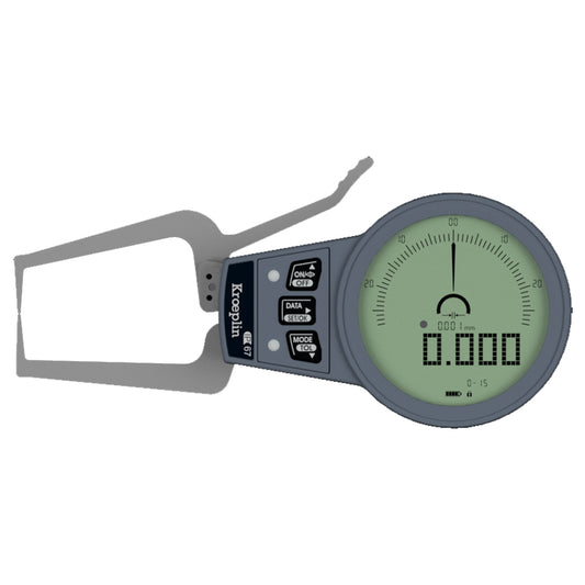 Kroeplin C015S Digital External Caliper Gauge, Range 0-15mm, Resolution 0.001, 0.002, 0.005, 0.01mm, Measuring Depth 45mm, Measuring Contact Chisel R 0.4mm, IP67 Protection, Metric / Imperial Switchable