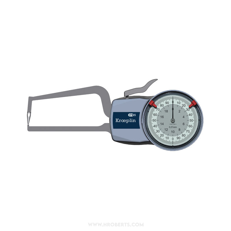 Kroeplin D2R20 External Caliper Gauge, Range 0-20mm, Graduation 0.01mm, Measuring Depth 85mm, Measuring Contact Ball 1.5mm Diameter, IP65 Protection