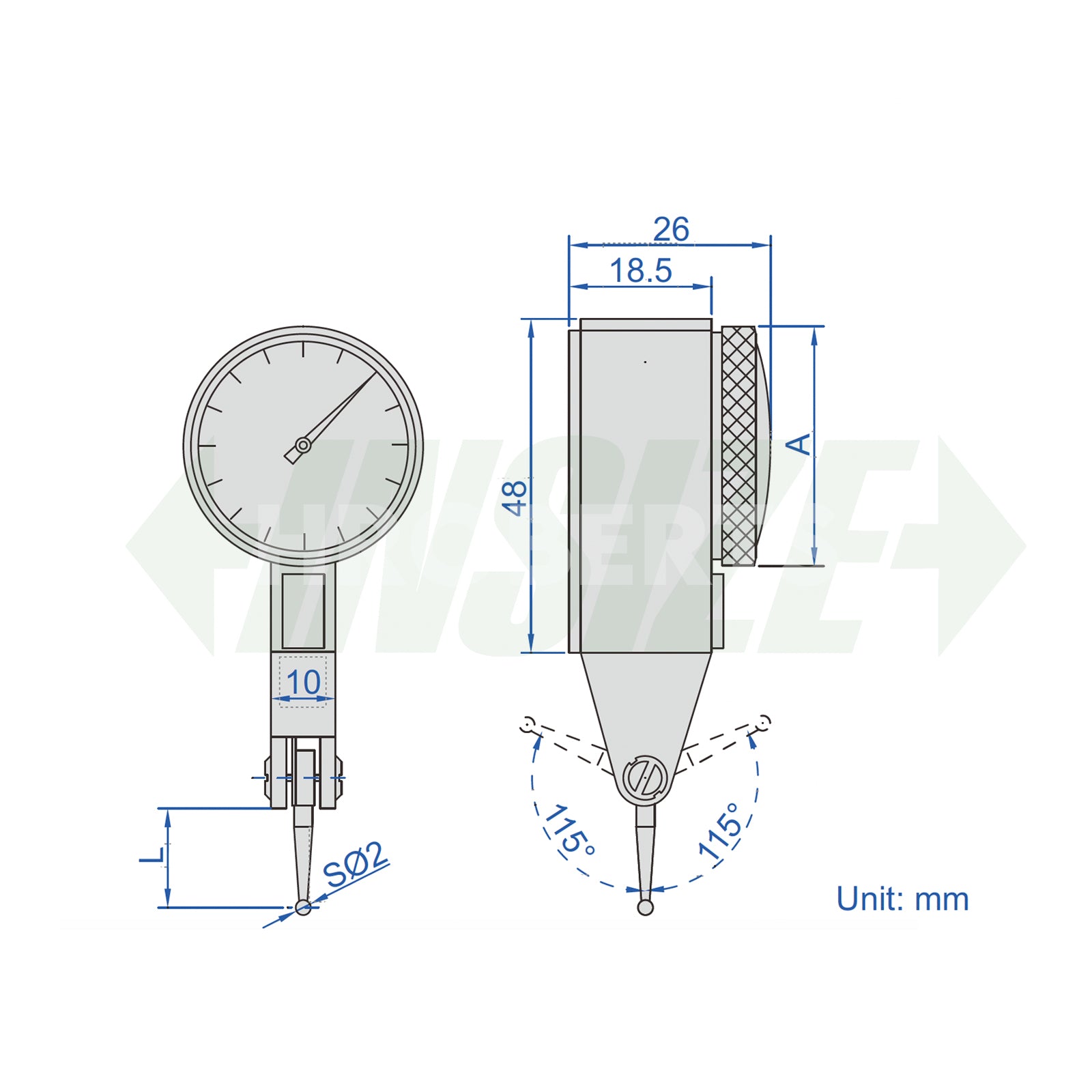 Dial Extension Insize Insize 2380-02 Lever Dial Indicator Horizontal Type, Graduation 0.002m ...