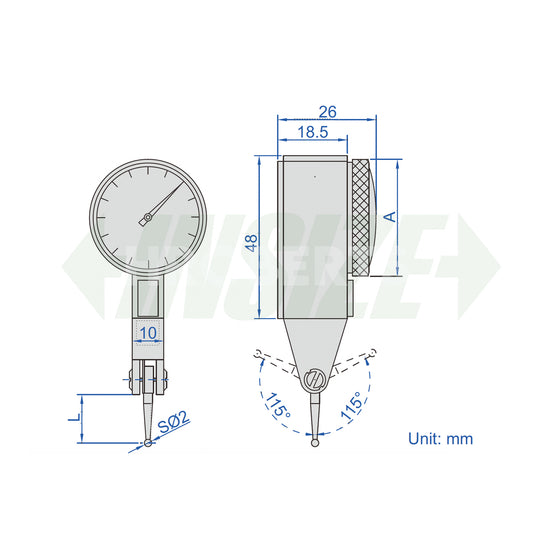 Insize 2381-021 Lever Dial Indicator Horizontal Type, Graduation 0.001mm, Range 0.2mm, Scale 0-100-0, Stylus Length 12.5mm, Bezel Diameter (A) 37mm