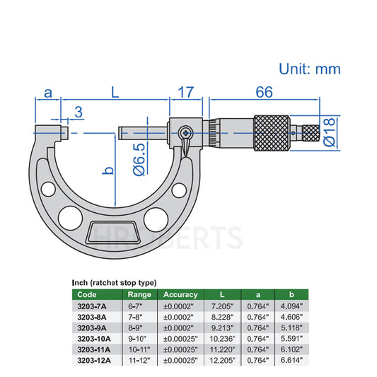 Insize 3203-8A Micrometer, Range 7-8", Graduation 0.0001"