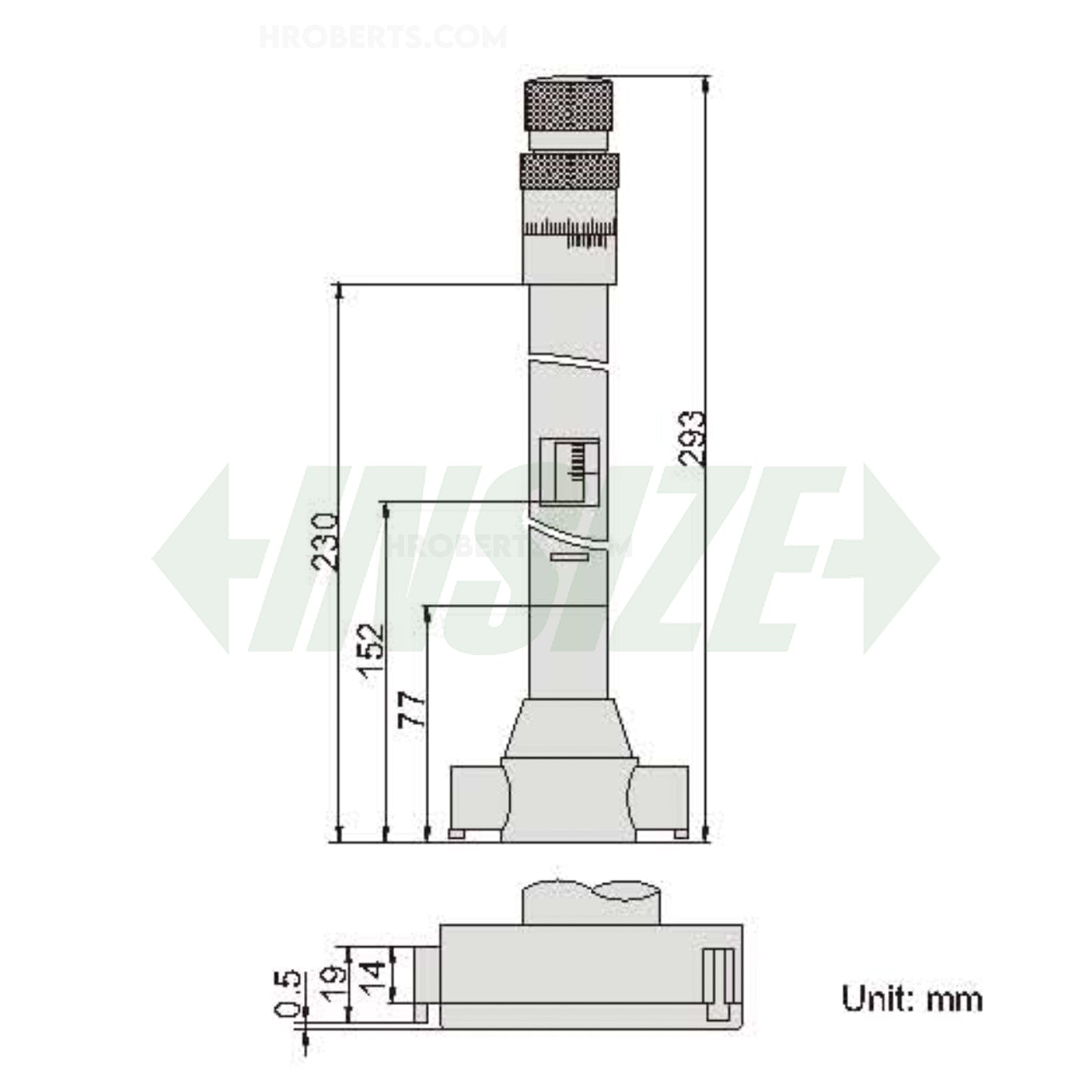Insize 3228-300 Large Range Three Point Internal Micrometer, 3-Point Contact, Range 200-350mm, Graduation 0.005mm