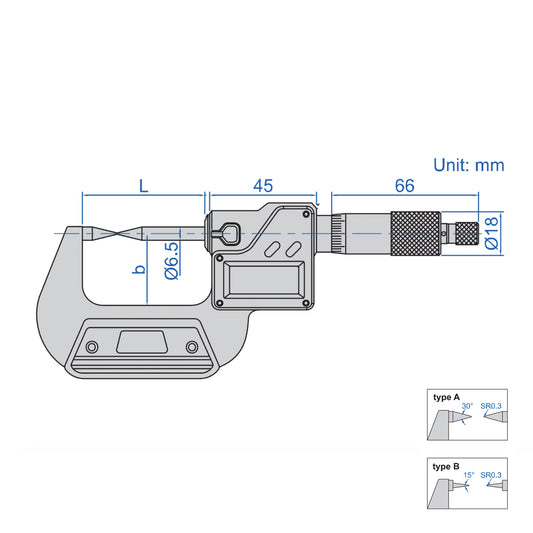 Insize 3530-50BA Digital 15° Point Micrometer TYPE B, IP65, Range 25-50mm / 1-2", Graduation 0.001mm / 0.00005", With Data Output