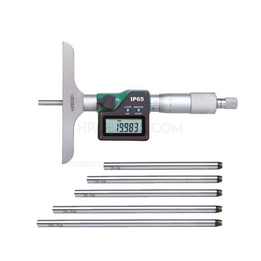 Insize 3540-150 Digital Interchangeable Rod Depth Micrometer, IP65, Range 0-6" / 0-150mm, Resolution 0.00005" / 0.001mm, Base 101.5 x 17" with Data Output