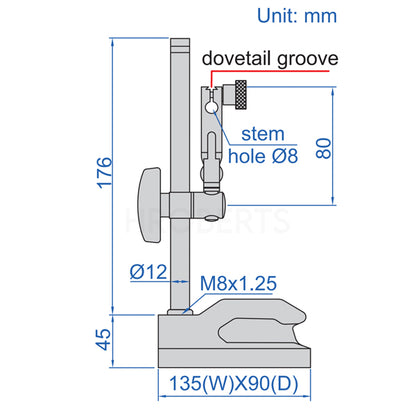 Insize 6230-60 Precision Dial Indicator Stand suitabel for Granite and Cast Iron Surface Plates, 8mm Holding Stem with Fine Adjustment use with 0.001mm and 0.01mm dial indicators