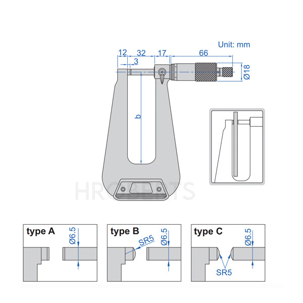 Insize 3239-253S Sheet Micrometer (Type C), Range 0-25mm, Graduation 0.01mm, 155mm Deep Frame