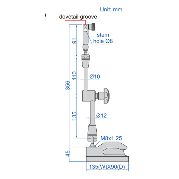 Insize 6225-80 Dial Indicator Stand, Non-Magnetic, 8mm Holding Stem with Fine Adjustment