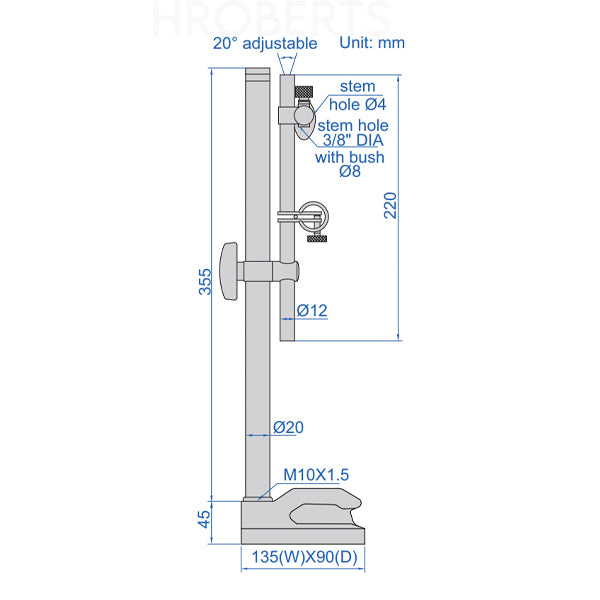 Insize 6226-100 Dial Indicator Stand, Non-Magnetic, 8mm Holding Stem with Fine Adjustment