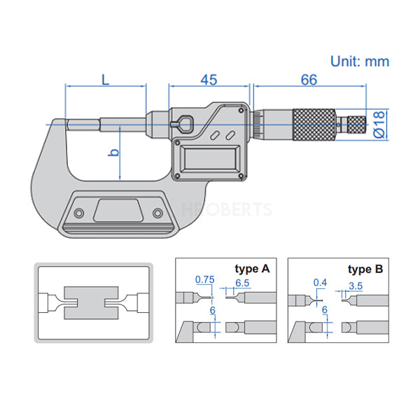 Insize 3532-75BA Digital Blade Micrometer (B type), IP65, Range 50-75mm / 2-3", Graduation 0.001mm / 0.00005", With Data Output