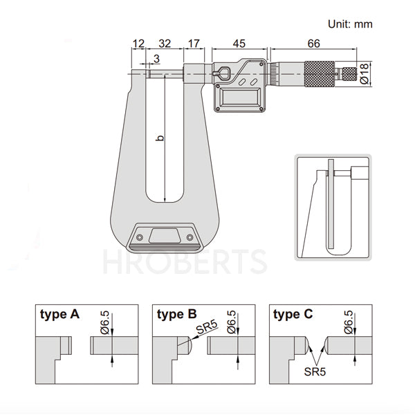 Insize 3539-253A Digital Sheet Micrometer (Type A), Range 0-25mm / 0-1", Graduation 0.001mm / 0.00005", With Data Output, 155mm Deep Frame