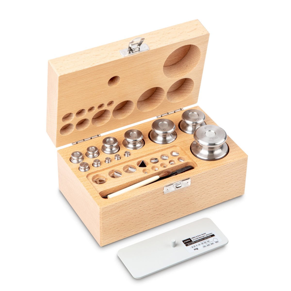 Kern 333-05 Weight set, F2, 1 mg - 500 g, Knob, stainless steel fine turned, in wooden case