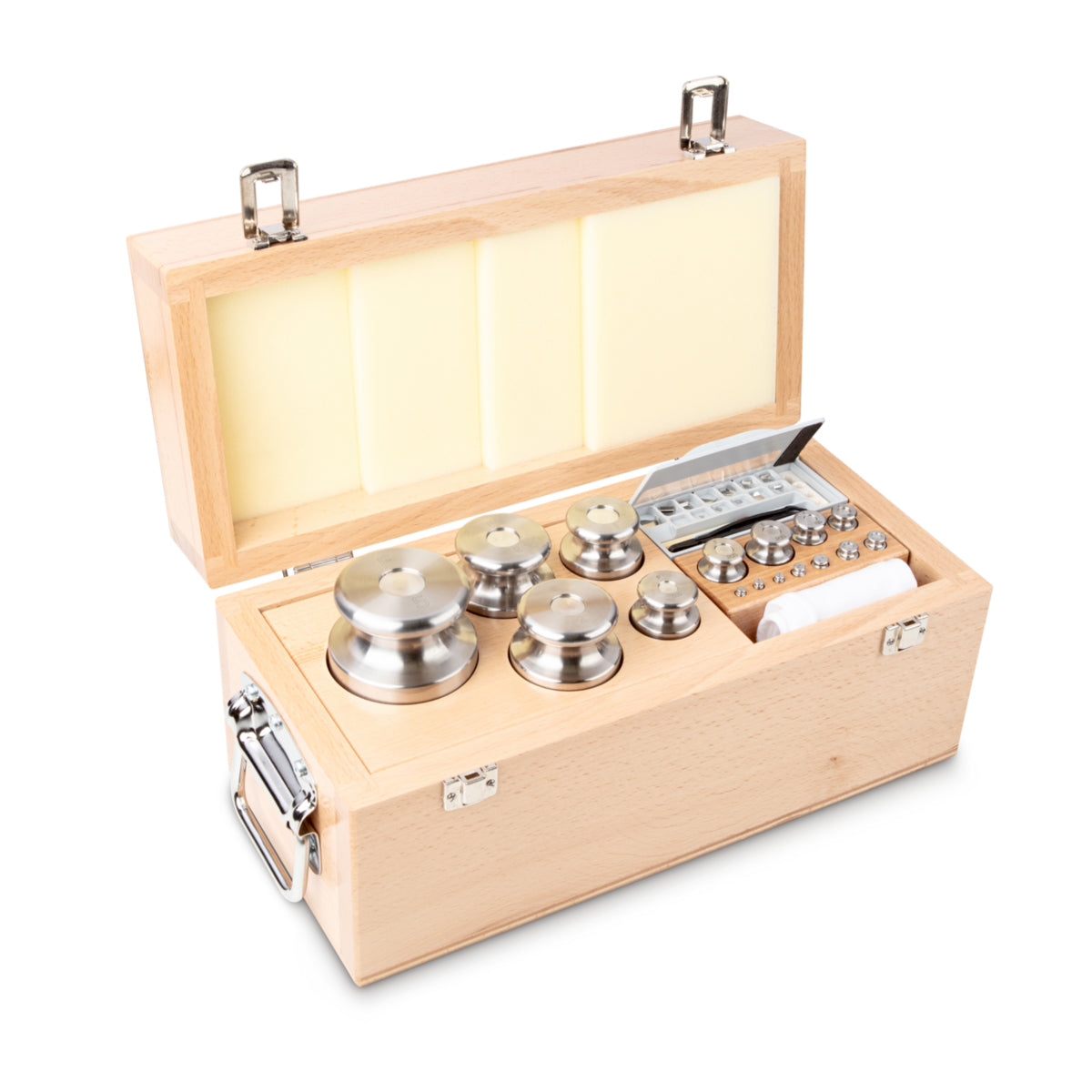 Kern 333-08 Weight set, F2, 1 mg - 5 kg, Knob, stainless steel fine turned, in wooden case