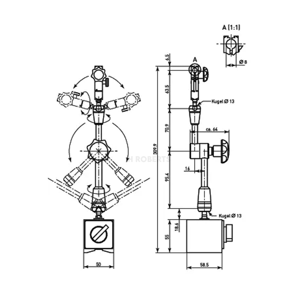 Mitutoyo 011358 Universal Magnetic Stand, 200mm Working Radius