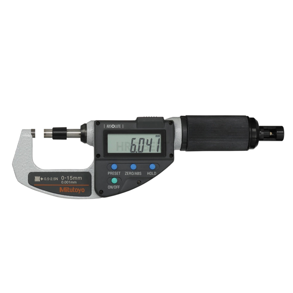 Mitutoyo 227-201-20 Digimatic Absolute Digital Adjustable Measuring Force Micrometer (Metric Only), Range 0-15mm, Resolution 0.001mm, Non-Rotating Splindle with SPC Data Output