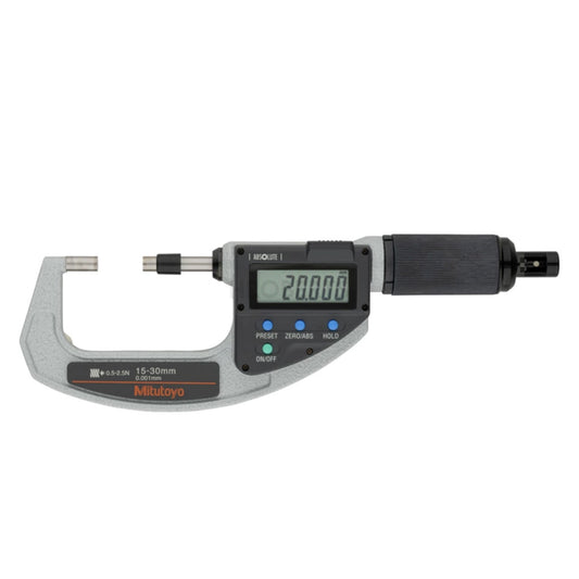Mitutoyo 227-203-20 Digimatic Absolute Digital Adjustable Measuring Force Micrometer (Metric Only), Range 15-30mm, Resolution 0.001mm, Non-Rotating Splindle with SPC Data Output