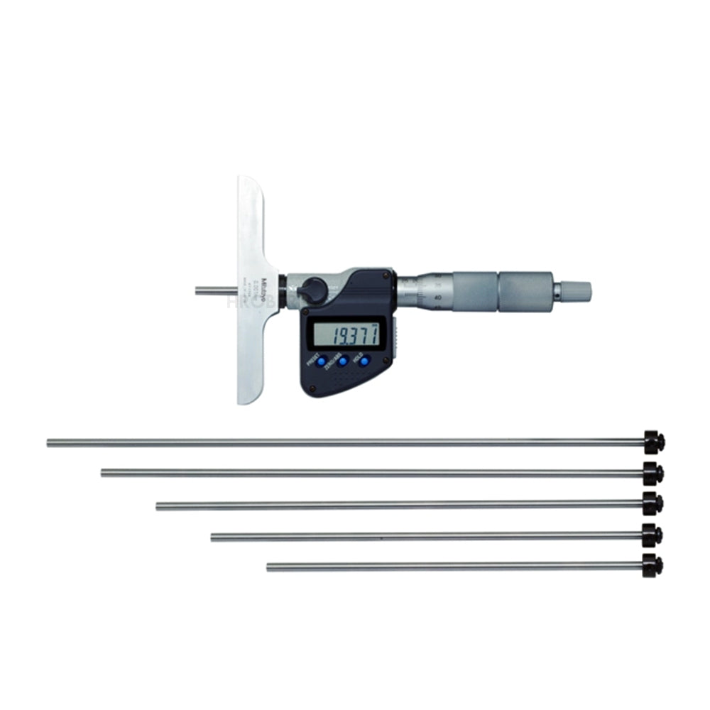 Mitutoyo 329-250-30 Digimatic Digital Interchangeable Rod Depth Micrometer (Metric Only), Range 0-150mm Resolution 0.001mm, Base 101.6 x 16 with SPC Data Output