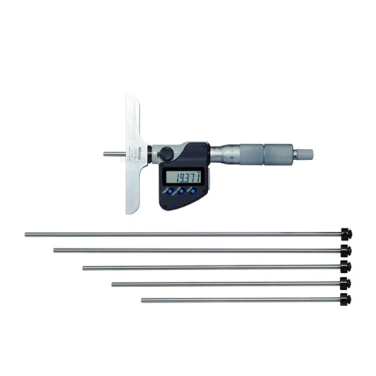 Mitutoyo 329-250-30 Digimatic Digital Interchangeable Rod Depth Micrometer (Metric Only), Range 0-150mm Resolution 0.001mm, Base 101.6 x 16 with SPC Data Output