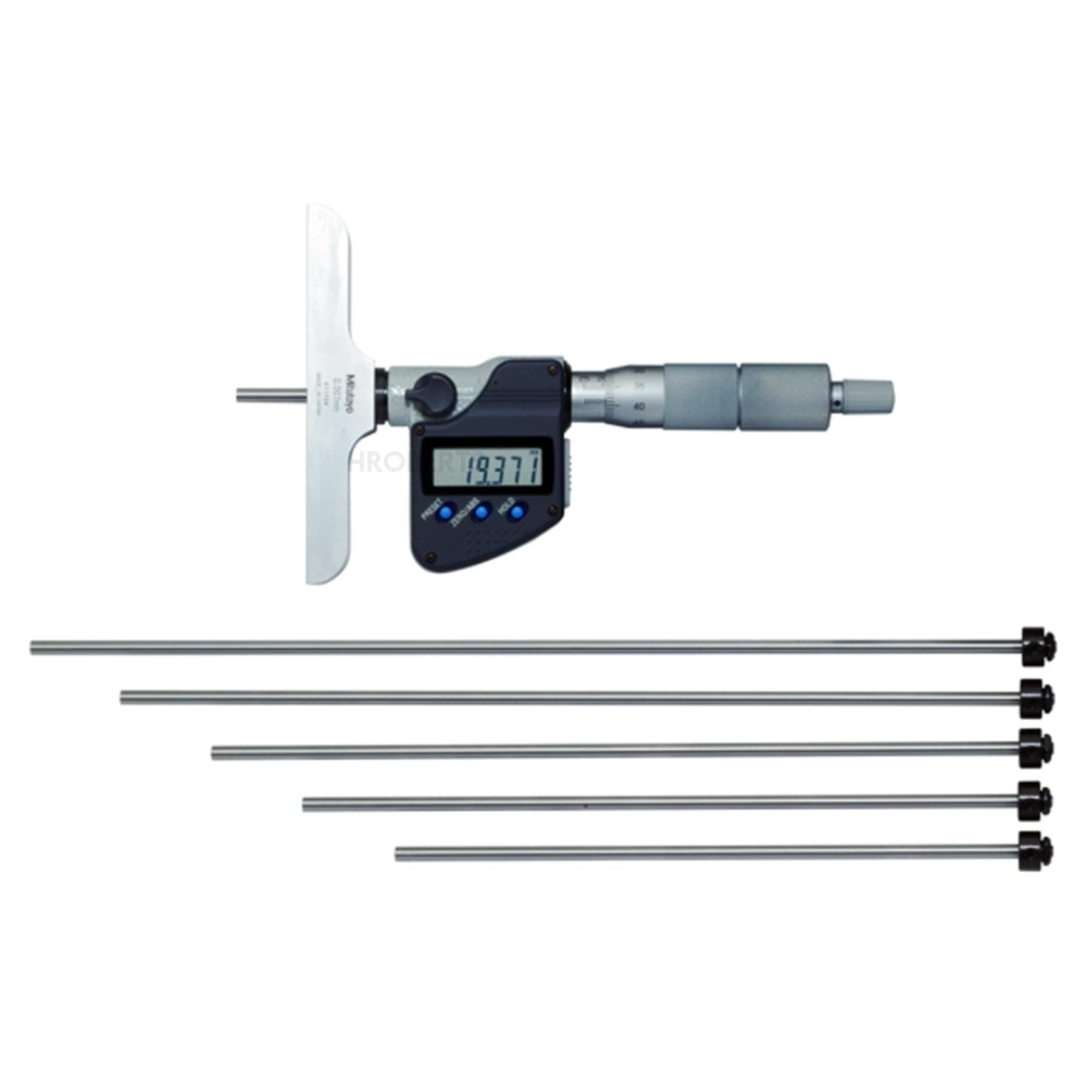 Mitutoyo 329-251-30 Digimatic Digital Interchangeable Rod Depth Micrometer (Metric Only), Range 0-300mm Resolution 0.001mm, Base 101.6 x 16mm with SPC Data Output