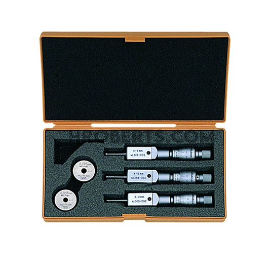 Mitutoyo 368-907 Holtest Bore Micrometer Set, 2-Point Contact, Range 3-6mm, Graduation 0.001mm, Supplied with Setting Rings