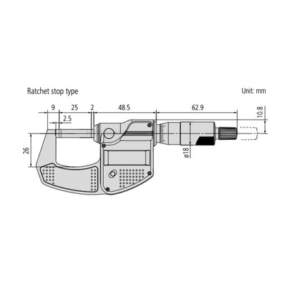 Mitutoyo 293-821-30 Digital Micrometer, Range 0-25mm, Resolution 0.001mm