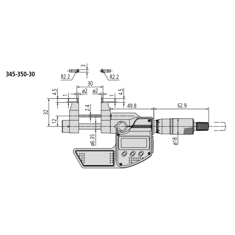 Mitutoyo 345-350-30 Digimatic Digital Caliper Jaw Inside Micrometer, Range 0.2-1.2" / 5.8-30.48mm, Resolution 0.00005" / 0.001mm, with SPC Data Output